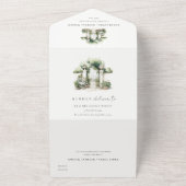 上品なフランスのガーデンランドスケープ水の色結婚の数 オールインワン招待状 (外側)