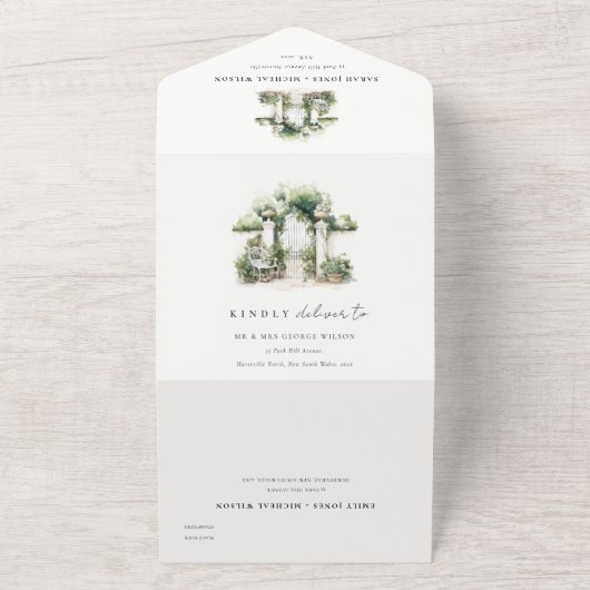 上品なフランスのガーデンランドスケープ水の色結婚の数 オールインワン招待状 (外側)