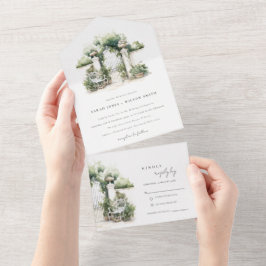 上品なフランスのガーデンランドスケープ水の色結婚の数 オールインワン招待状