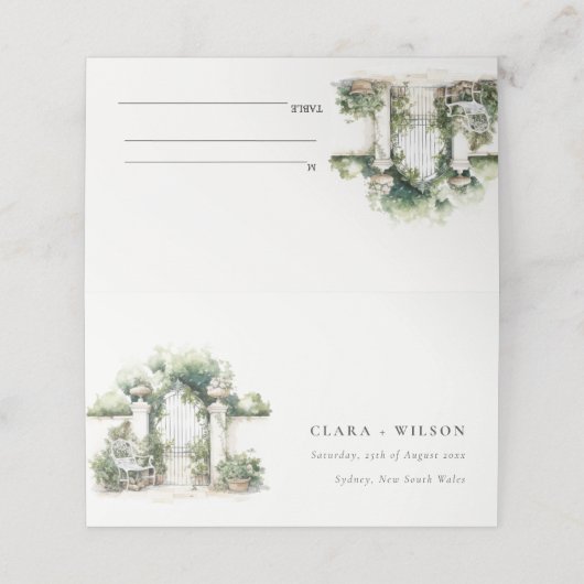 上品なフランスのガーデンランドスケープ水の色結婚の数 プレイスカード (外部開封)