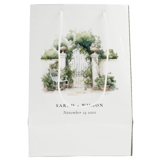 上品なフランスのガーデンランドスケープ水の色結婚の数 ミディアムペーパーバッグ (裏面)