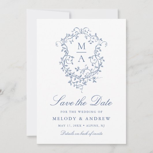 上品なフランスの青いフローラク結婚レの写真 セーブザデート (正面)