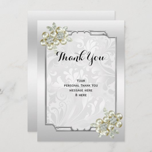 上品なフローラジェムシルバーフレーム結婚ズ サンキューカード (正面/裏面)
