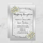 上品なフローラジェムシルバーフレーム結婚式レセプション 招待状 (正面/裏面)