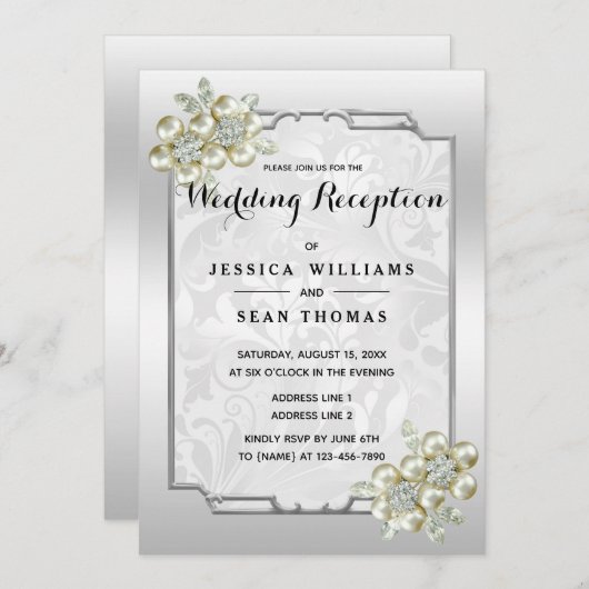 上品なフローラジェムシルバーフレーム結婚式レセプション 招待状 (正面/裏面)