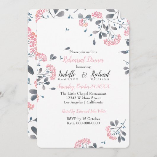 上品なフローラピンクの水の色のリハーサルディナー 招待状 (正面/裏面)