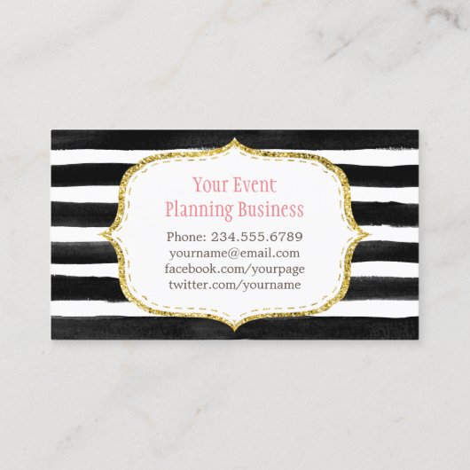 上品なフローラ水カラー白黒 ストライプの 名刺 (裏面)