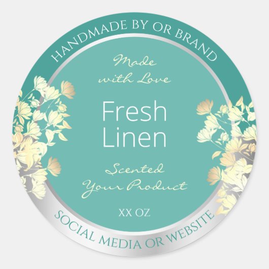 上品なフローラ製品パッケージングラベルティール（緑がかった色）銀 ラウンドシール (正面)