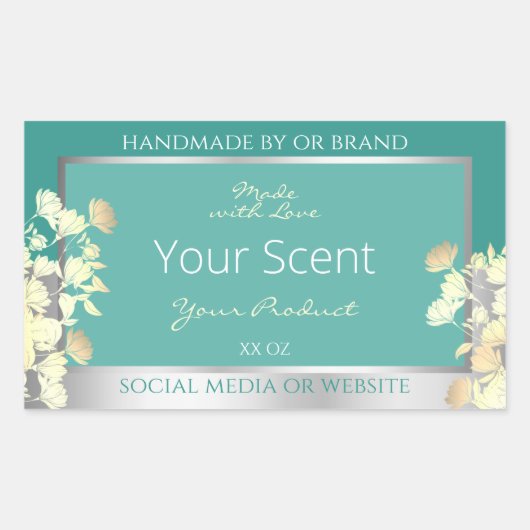 上品なフローラ製品パッケージングラベルティール（緑がかった色）銀 長方形シール (正面)
