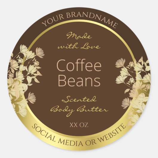 上品なフローラ製品パッケージングラベル茶色の金ゴールド ラウンドシール (正面)