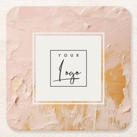 上品なブッシュピンクの金ゴールド絵を描油テクスチャロゴ スクエアペーパーコースター (正面)