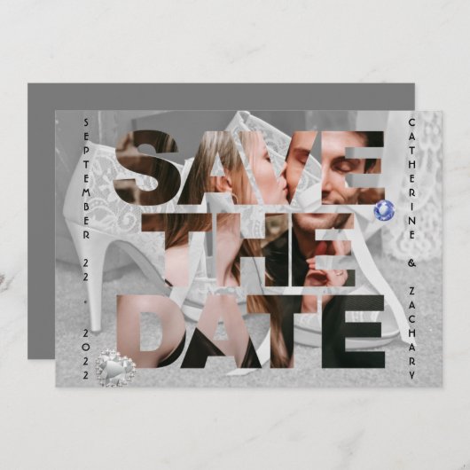 上品なブライダルシューダイヤモンドハートサファイヤ結婚ーズ セーブザデート (正面/裏面)