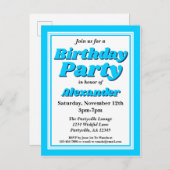 上品なブライトブルー大人の誕生日パーティー インビテーションポストカード (正面/裏面)