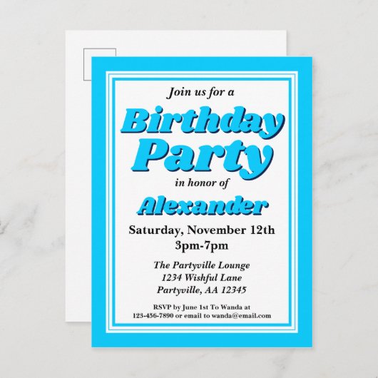 上品なブライトブルー大人の誕生日パーティー インビテーションポストカード (正面/裏面)