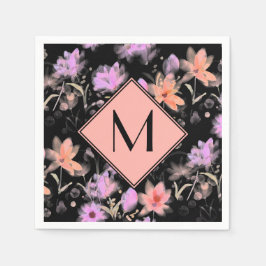 上品なブラックとコーラルピンクの花柄モノグラム スタンダードカクテルナプキン