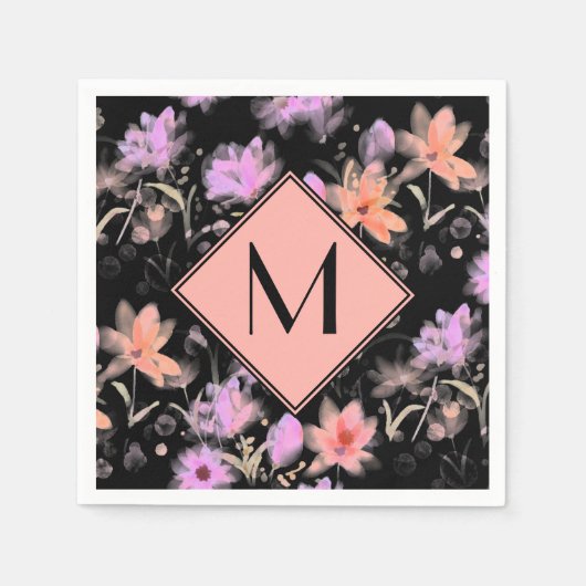上品なブラックとブッシュコーラルピンクの花柄モノグラム スタンダードカクテルナプキン (正面)
