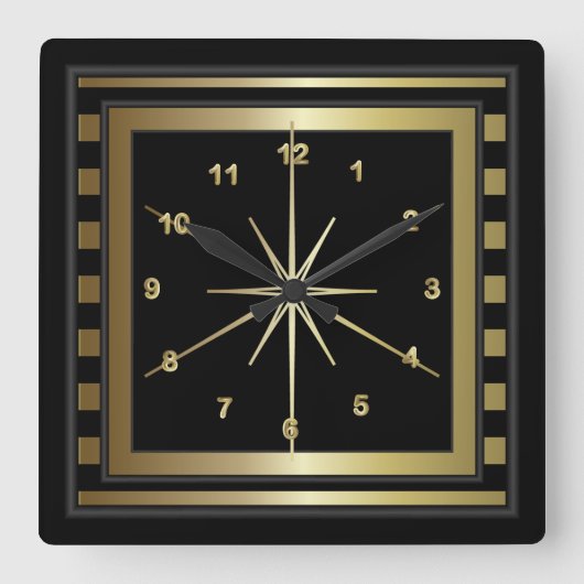 上品なブラックと金ゴールドストライプ スクエア壁時計 (正面)