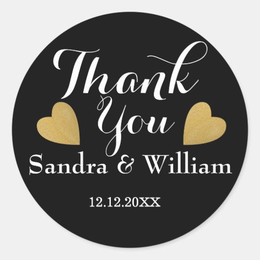 上品なブラックと金ゴールドハート結婚の感謝 ラウンドシール (正面)