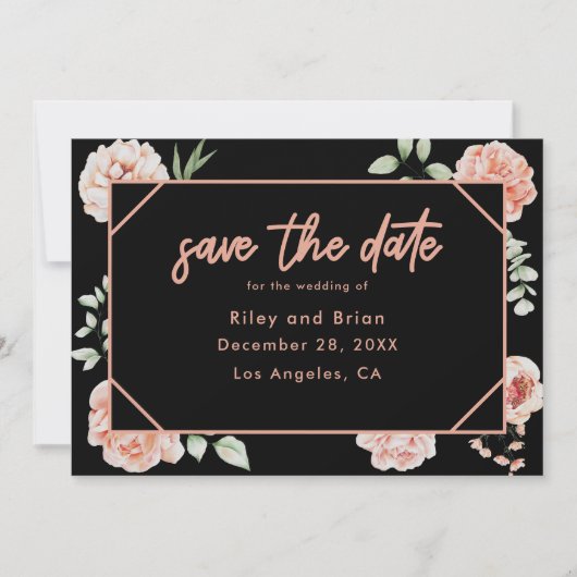 上品なブラックピンクエレガントフローラ結婚ズ セーブザデート (正面)