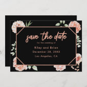 上品なブラックピンクエレガントフローラ結婚ズ セーブザデート (正面/裏面)