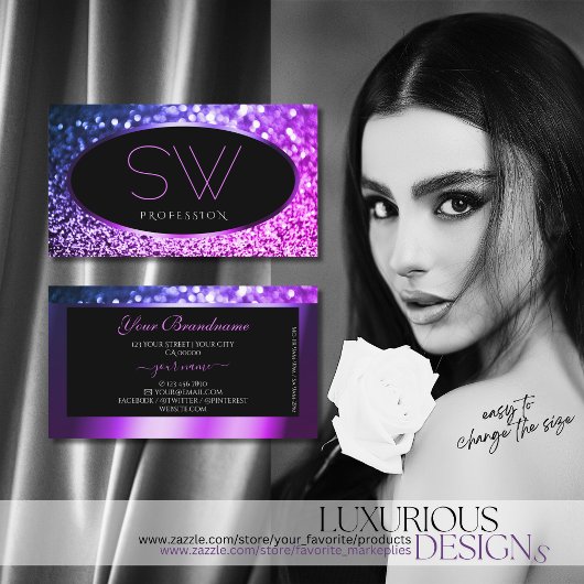 上品なブラックピンクパープルスパークルグリッターモノグラム 名刺