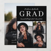 上品なブラックフォトコラージュ卒業 招待状 (正面/裏面)