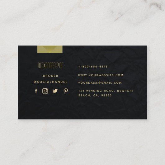 上品なブラック金ゴールドグレー幾何実在エスティト写真 名刺 (裏面)