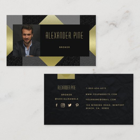 上品なブラック金ゴールドグレー幾何実在エスティト写真 名刺 (正面/裏面)
