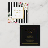 上品なブラック金ゴールド&ピンクの花とストライプ スクエア名刺 (正面/裏面)