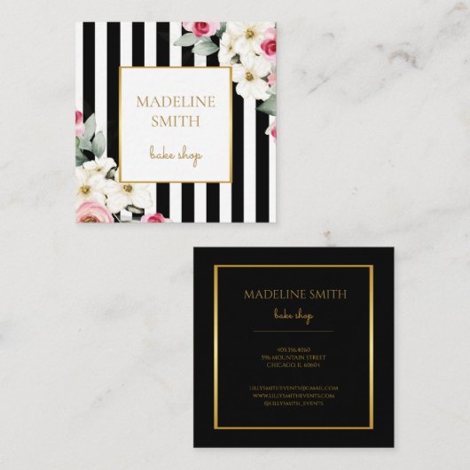 上品なブラック金ゴールド&ピンクの花とストライプ スクエア名刺 (正面/裏面)