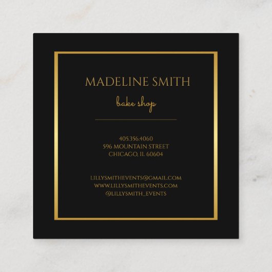 上品なブラック金ゴールド&ピンクの花とストライプ スクエア名刺 (裏面)