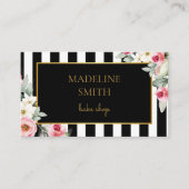 上品なブラック金ゴールド&ピンクの花とストライプ 名刺 (正面)