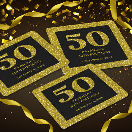 上品なブラック&金ゴールドグリッター50th誕生日パーティー スクエアペーパーコースター