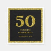 上品なブラック&金ゴールドグリッター50th誕生日パーティー スタンダードカクテルナプキン (正面)