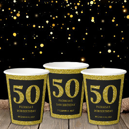 上品なブラック&金ゴールドグリッター50th誕生日パーティー 紙コップ
