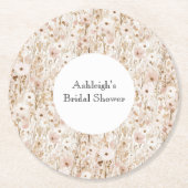 上品なブラッシュブラウンの花柄 ブライダルシャワー ラウンドペーパーコースター (正面)