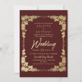 上品なブルゴーニュの金ゴールド縁どフローラフレ結婚ーム 招待状 (正面)