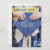 上品なブルーと金ゴールド雑誌の写真卒業 招待状 (正面)