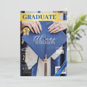 上品なブルーと金ゴールド雑誌の写真卒業 招待状 (スタンド正面)