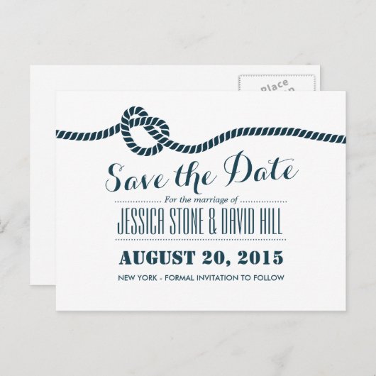 上品なブルーロープノットウェディング日付を保存 案内ポストカード (正面/裏面)