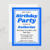 上品なブルー大人の誕生日パーティー インビテーションポストカード (正面/裏面)