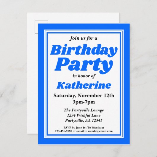 上品なブルー大人の誕生日パーティー インビテーションポストカード (正面/裏面)