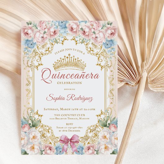 上品なプリンセスピンクブルーフローラキンセアニェラ 案内状