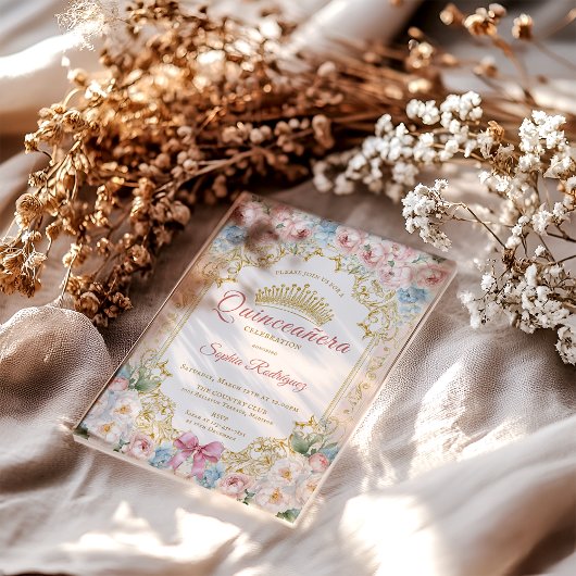 上品なプリンセスピンクボウフローラキンセアニェラ アクリル招待状