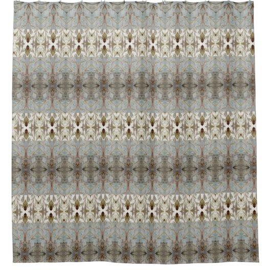 上品なプリントデザインとブルーグレー シャワーカーテン (正面)