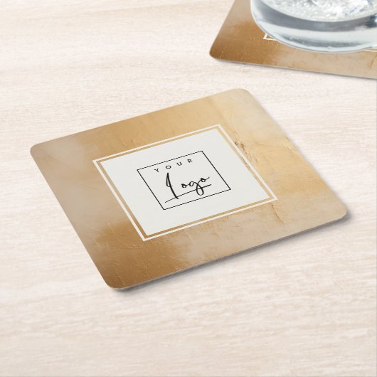 上品なベージュ芸術的金ゴールド油絵を描テクスチャのロゴ スクエアペーパーコースター (アングル)