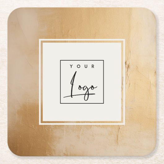 上品なベージュ芸術的金ゴールド油絵を描テクスチャのロゴ スクエアペーパーコースター (正面)