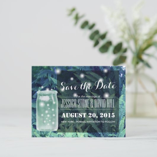 上品なホタル白熱［赤熱］光を放つズMason Jar日付を保存 案内ポストカード (スタンド正面)