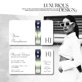 上品なホワイトブルーシルバーデコールの宝石とモノグラム 名刺