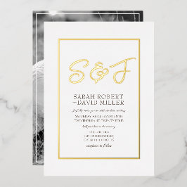 上品なホワイト金ゴールドフレームフォトフォイル招待状 箔招待状